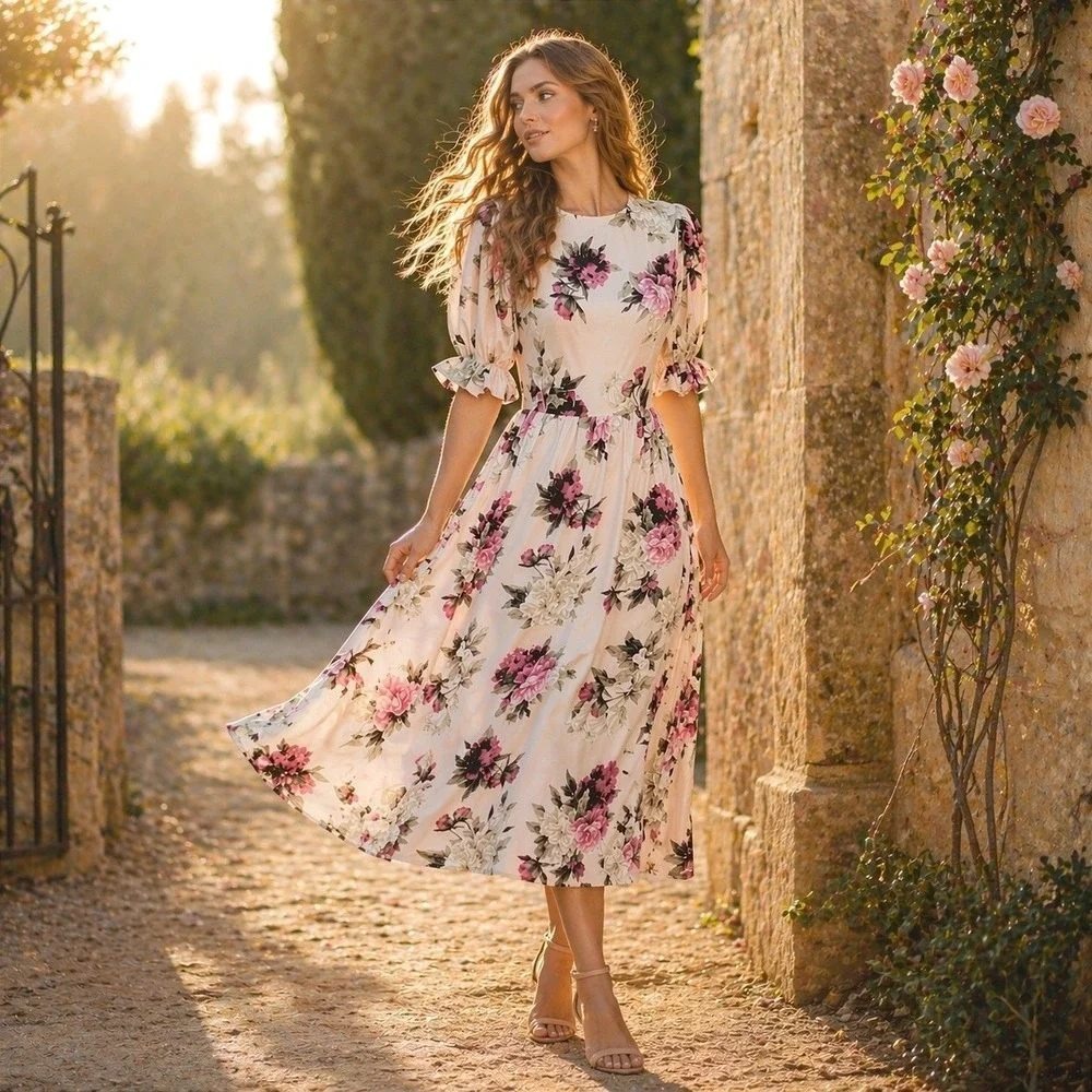JessaKae Pink Floral Puff Sleeve Midi Dress Cotton Blend Womens Sz M